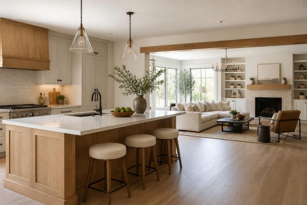 Wide view of a modern remodeled kitchen and living space in natural light.