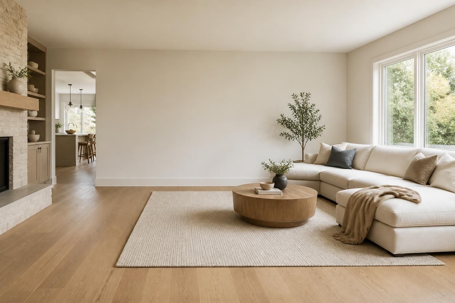 Bright finished living space with open area for text overlay.